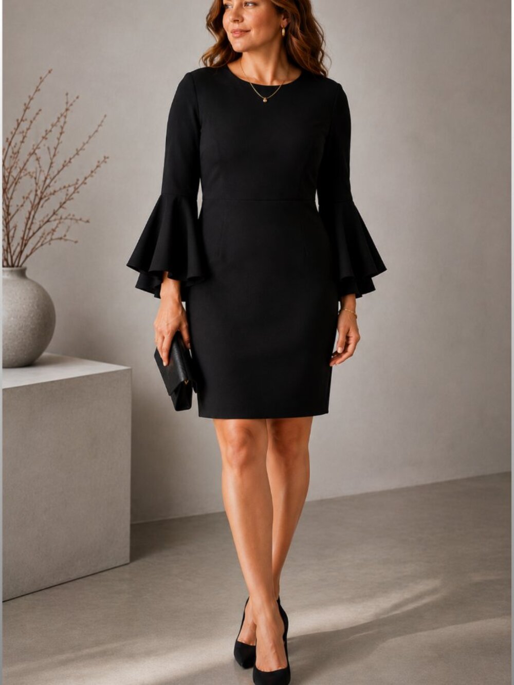 Dramatic Tiered Bell Sleeve Black Midi Dress 10 Cocktail Minimalist Liz Claiborn